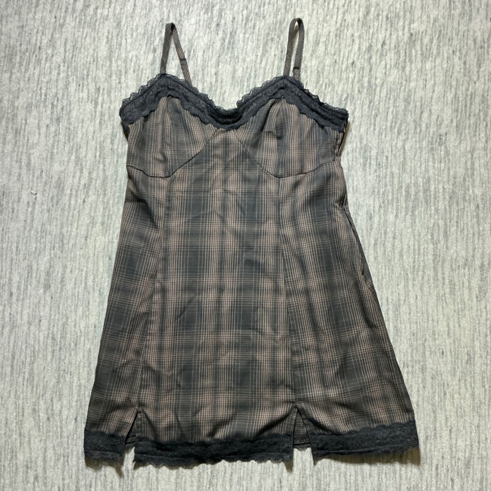 Hot Topic Plaid Lace Trim Cami Mini Dress Brown Black Goth Grunge XL